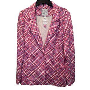 Isaac Mizrahi Live Womens Pink Colorful Plaid Knit Stretch Blazer L NEW Artsy